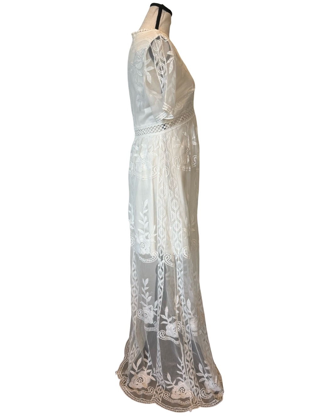 Boho White Embroidered Lace Maxi Dress Sheer Mesh Overlay Cottagecore Medium - Picture 13 of 13